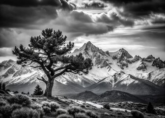 Monochrome Juniper Silhouette Against Crazy Mountains - Dramatic Landscape Photography