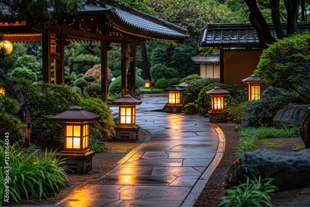 Poster serene garden path illuminated by lanterns under a tranquil evening sky in a beautiful park setting
