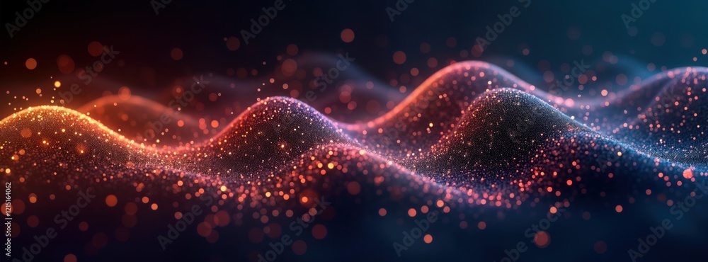 Poster abstract tech design with flowing particles. waves of glowing light, dark colours. digital illustrat