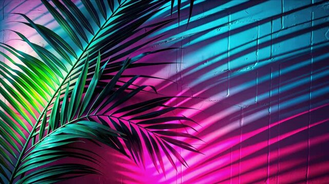 Vibrant palm leaves casting colorful shadows on illuminated wall, artistic composition, modern decor