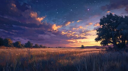 Naklejka premium Serene sunset over golden field, starry night sky; idyllic landscape for travel brochures