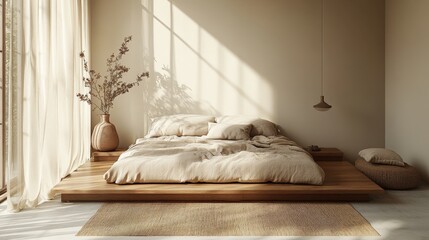 Serene Japandi bedroom with low wooden bed and soft natural elements