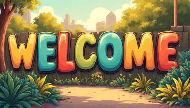 A cheerful and oversized Welcome sign in bright colors greets visitors in a lush garden setting. Surrounded by vibrant greenery and a hint of a city skyline, this image radiates warmth and hospitality