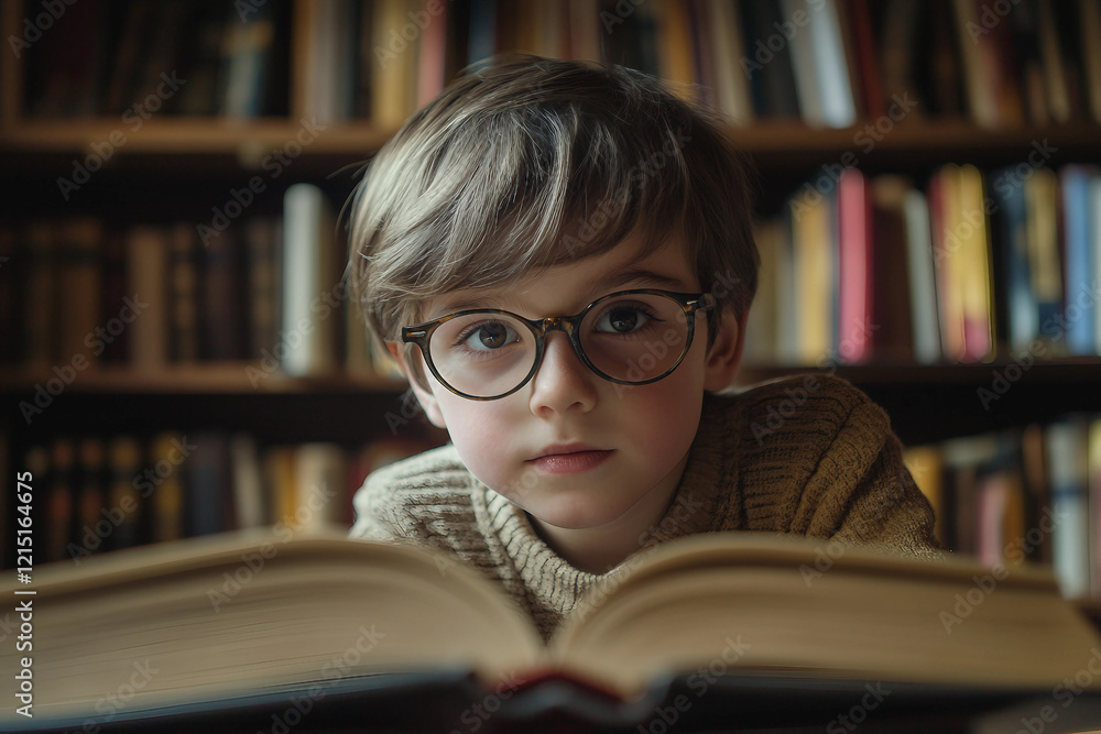 Poster kid in an atmospheric large library with many books made generative ai
