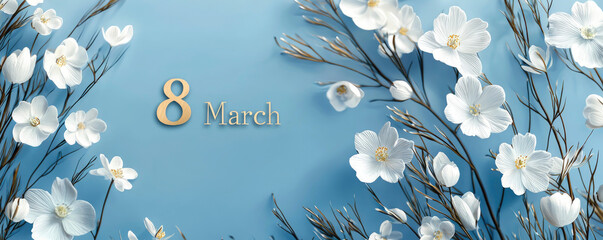 This elegant design features soft overlapping floral elements on a serene blue background, highlighting March 8 and symbolizing love and tenderness