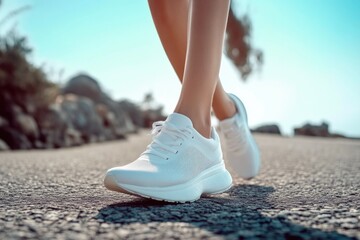 Close-up of runner’s feet on sunny coastal road