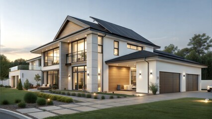 Modern luxury house with solar panels, large windows, and landscaped yard.