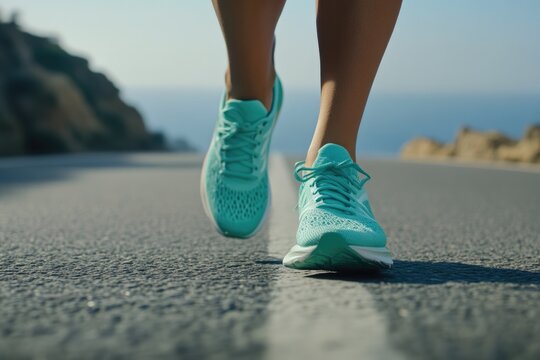 Close-up of woman’s feet running on coastal road - Powered by Adobe