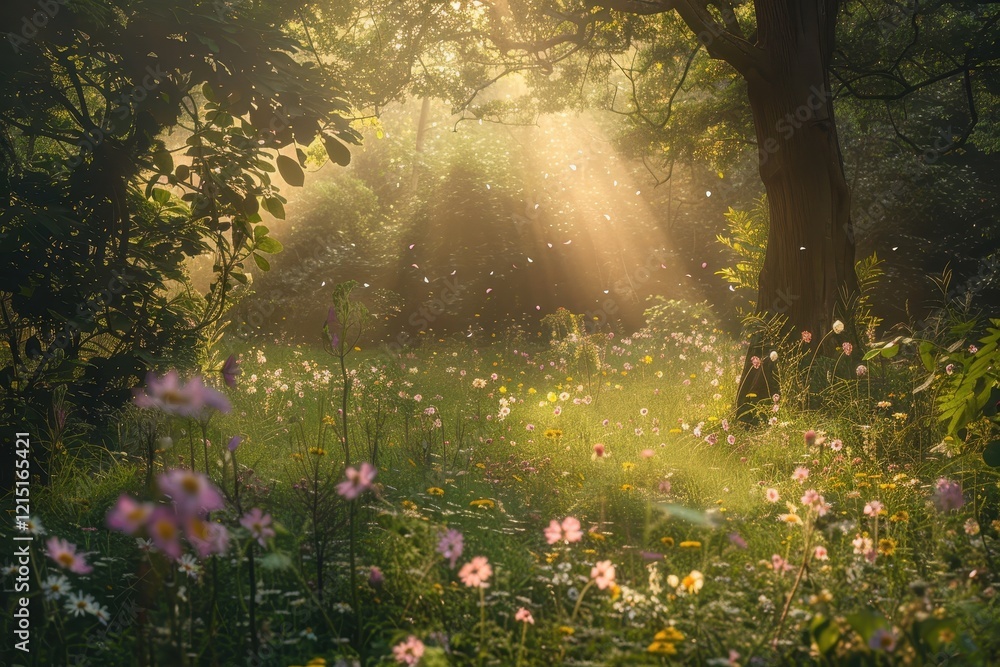Aufkleber sunlight filtering through trees highlights a meadow filled with wildflowers in a tranquil forest du