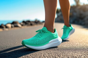 Naklejka premium Runner’s feet in motion along the beachside