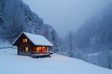 Cozy Cabin nestled in a Snowy Winter Mountain Landscape