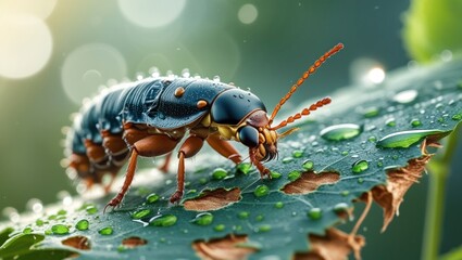 Naklejka premium Close-up of a dark-colored beetle with orange legs on a dew-covered leaf.