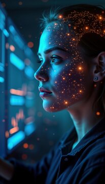 AI woman analyzes financial data. AI algorithm checks transactions. Fraud detection process. Cybersecurity concept. Risk management in business. Expert assesses financial data. Pro manages risky