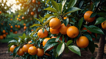 Orange garden with ripe oranges on tree branches. Beautiful orange trees in an orchard. Fruit trees laden with ripe fruits. Juicy citrus fruits ripening in the sun