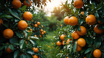 Orange garden with ripe oranges on tree branches. Beautiful orange trees in an orchard. Fruit trees laden with ripe fruits. Juicy citrus fruits ripening in the sun