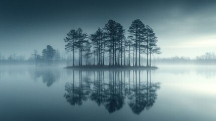 Fototapeta premium Misty lake island trees reflection serenity