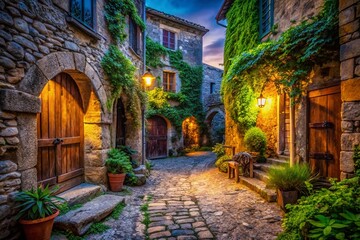 Fototapeta premium Mysterious Old Town Alleyway: Open Gate to Hidden Courtyard at Night
