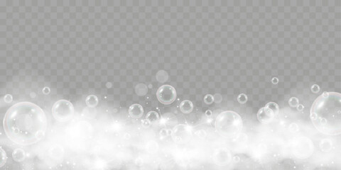 Foam bubbles sparkle glitter shine glow with foamy mist, sparkling stars, and shiny glow on a transparent checkered background.