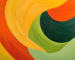 A vibrant abstract painting featuring swirling patterns in shades of orange, yellow, green, and dark green, creating a dynamic visual flow.