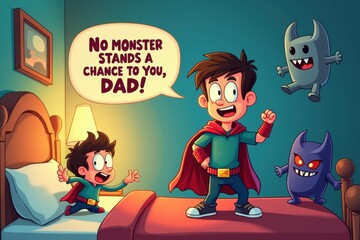 Brave cartoon dad defeating playful shadow monsters in a cozy bedroom, joyful imagination and protection concept. Happy Father's Day greeting card