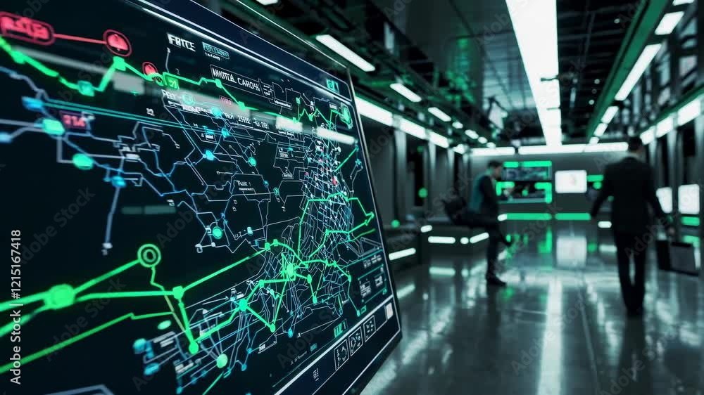Poster exploring a high-tech control room with advanced data displays and digital interfaces at night