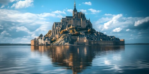 Fototapeta premium Majestic Medieval Castle on Rocky Island Surrounded by Calm Waters Under a Blue Sky