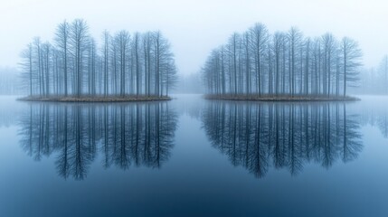 Misty lake, twin islands, trees, reflection, serenity