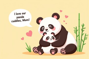 Obraz premium Sticker with a loving cartoon panda Mom cuddling her adorable baby panda surrounded by hearts and bamboo, joyful family bond concept. Happy Mother's Day greeting card