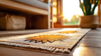 A cozy interior scene featuring a decorative rug with sunflowers, bathed in warm sunlight streaming through a window.