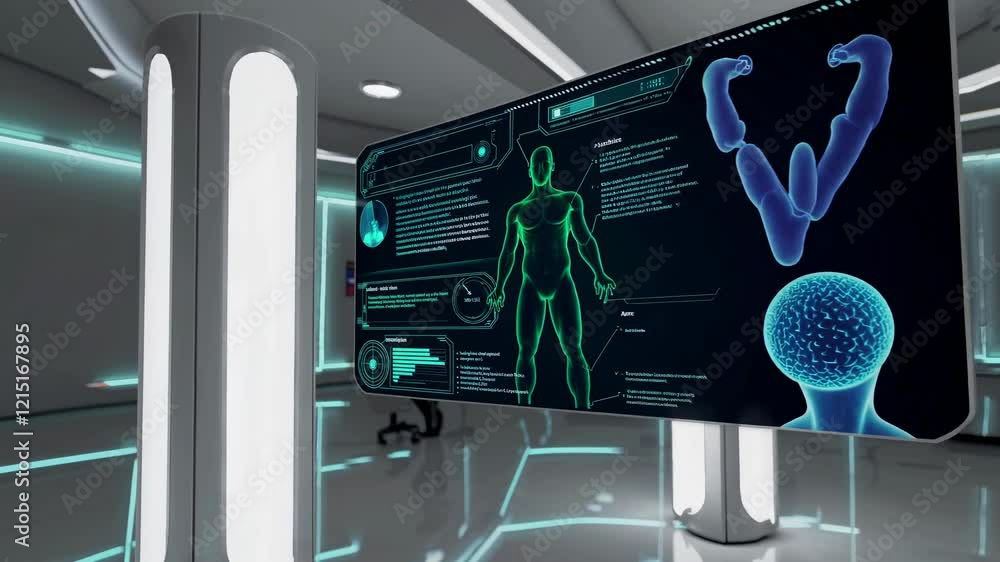 Poster high-tech workspace featuring advanced display technology and digital dashboards in a modern laborat