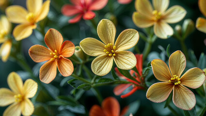 Fototapeta premium Cinquefoil flowers, with their cheerful yellow, orange, or red blossoms