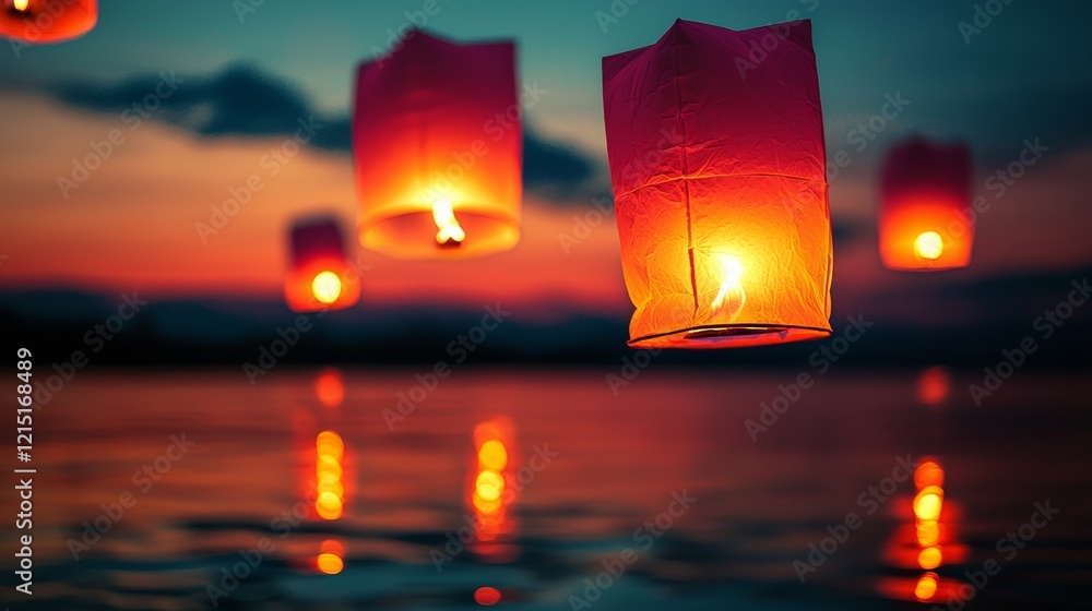 Poster floating lanterns illuminate the twilight sky over a serene water surface, creating a tranquil and m