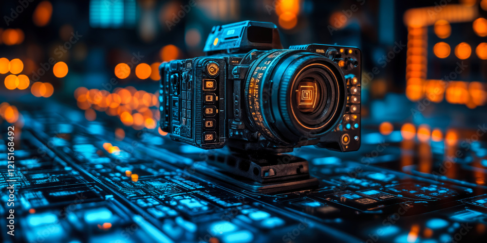 Poster ai-enhanced camera on circuit board symbolizing multilingual content creation revolution