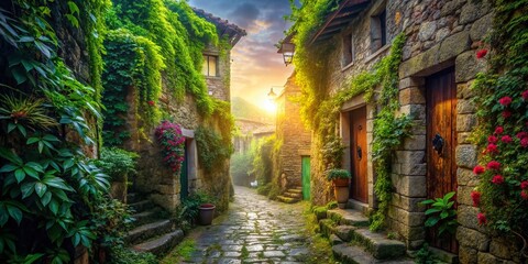 Fototapeta premium Mystical Village Lane: Double Exposure Stock Photo of Ancient Pathway and Lush Greenery