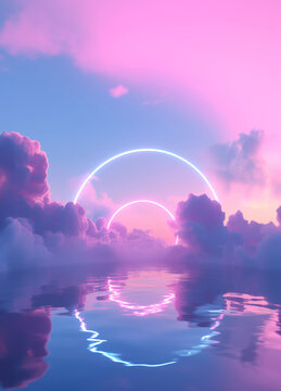 Abstract neon light portal, neon round linear frame with clouds and reflection on water.