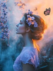 Serene Beauty in a Flower Crown - A young woman, adorned with a flower crown, stands peacefully amidst a mystical, smoky landscape. A butterfly adds to the enchanting scene.