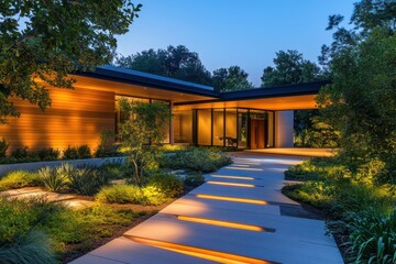 Obraz premium A cinema exterior featuring a blend of wood and glass, softly lit pathways, and a serene entry