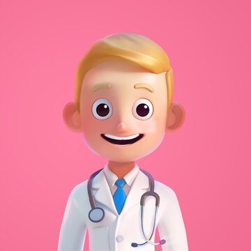 3D cartoon male doctor character. Friendly blond Medical intern wearing white gown. 3d cartoon style illustration on white background