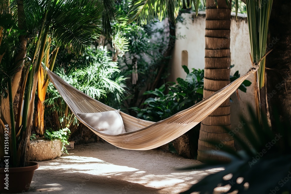 Poster a peaceful retreat with a cozy hammock hanging between two palm trees