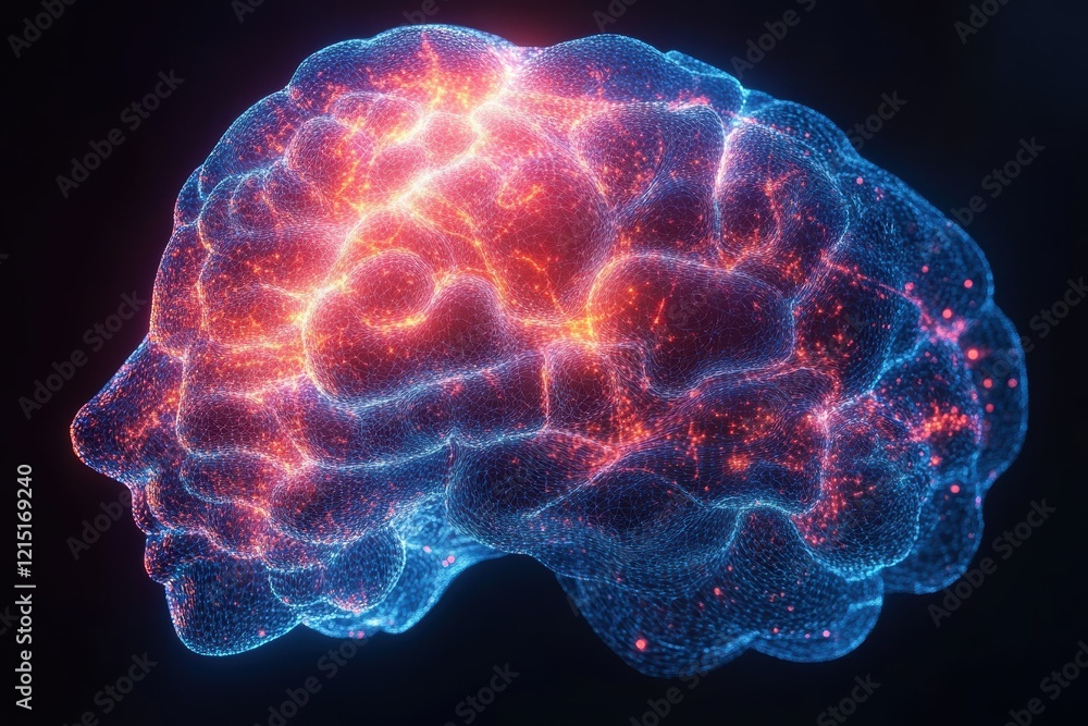 Poster digital brain model in three dimensions showcasing neural activity and connectivity