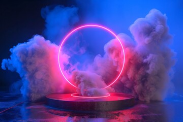 Abstract neon light podium with round linear neon frame. Circle stage with smoke and reflection on rough concrete wet floor