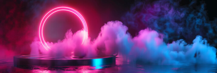 Abstract neon light podium with round linear neon frame. Circle stage with smoke and reflection on rough concrete wet floor