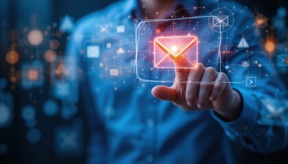 New email notification interaction concept. A person interacting with a floating digital interface showing a new email notification symbol, a concept for online communication. E-mail marketing