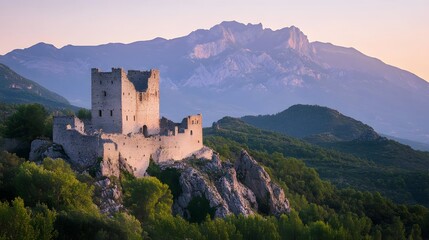 Fototapeta premium Majestic Medieval Castle Nestled Amongst Towering Mountains at Sunrise