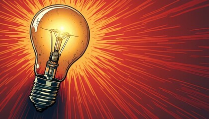 A glowing light bulb stands out against a fiery red background, radiating bright rays of light. This image captures the essence of inspiration and creativity, symbolizing the spark of new ideas and