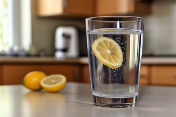Fresh lemon slice in clean water glass on kitchen table with lemons in background
