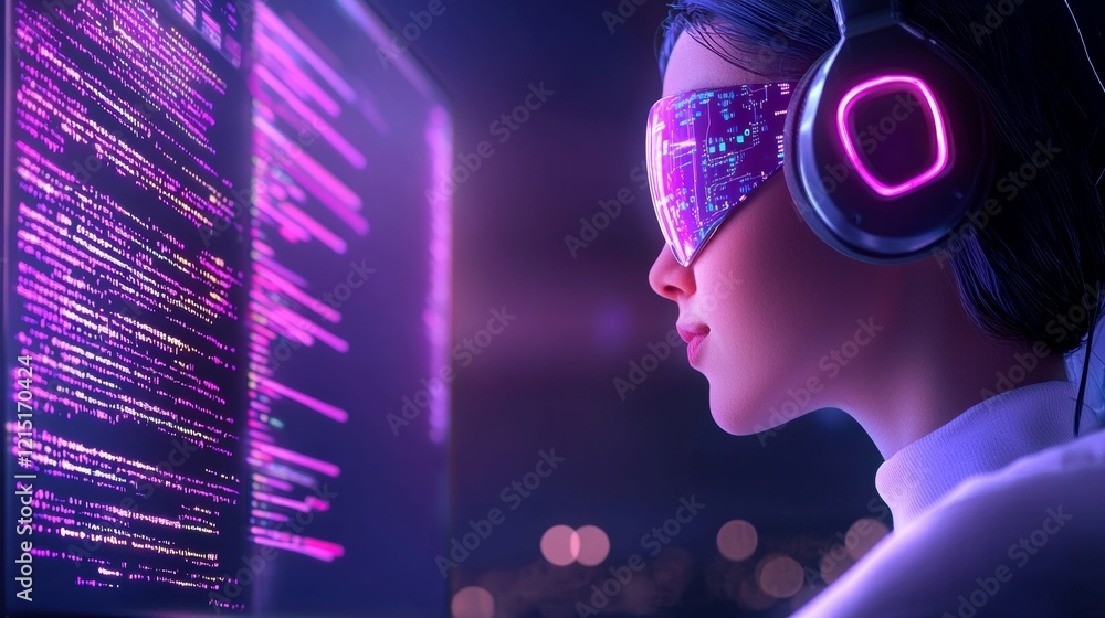 Poster a futuristic figure with glowing headphones and a digital visor gazes intently at vibrant code on a 