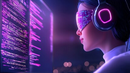 A futuristic figure with glowing headphones and a digital visor gazes intently at vibrant code on a screen, embodying the intersection of technology and creativity.