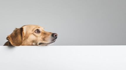 a cute dog's face sticking out from one side of the frame, completely white contrasting background