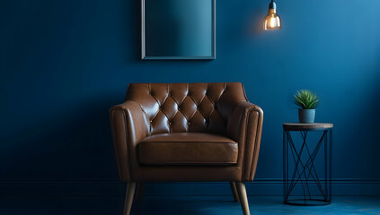orange lather sofa with blue background